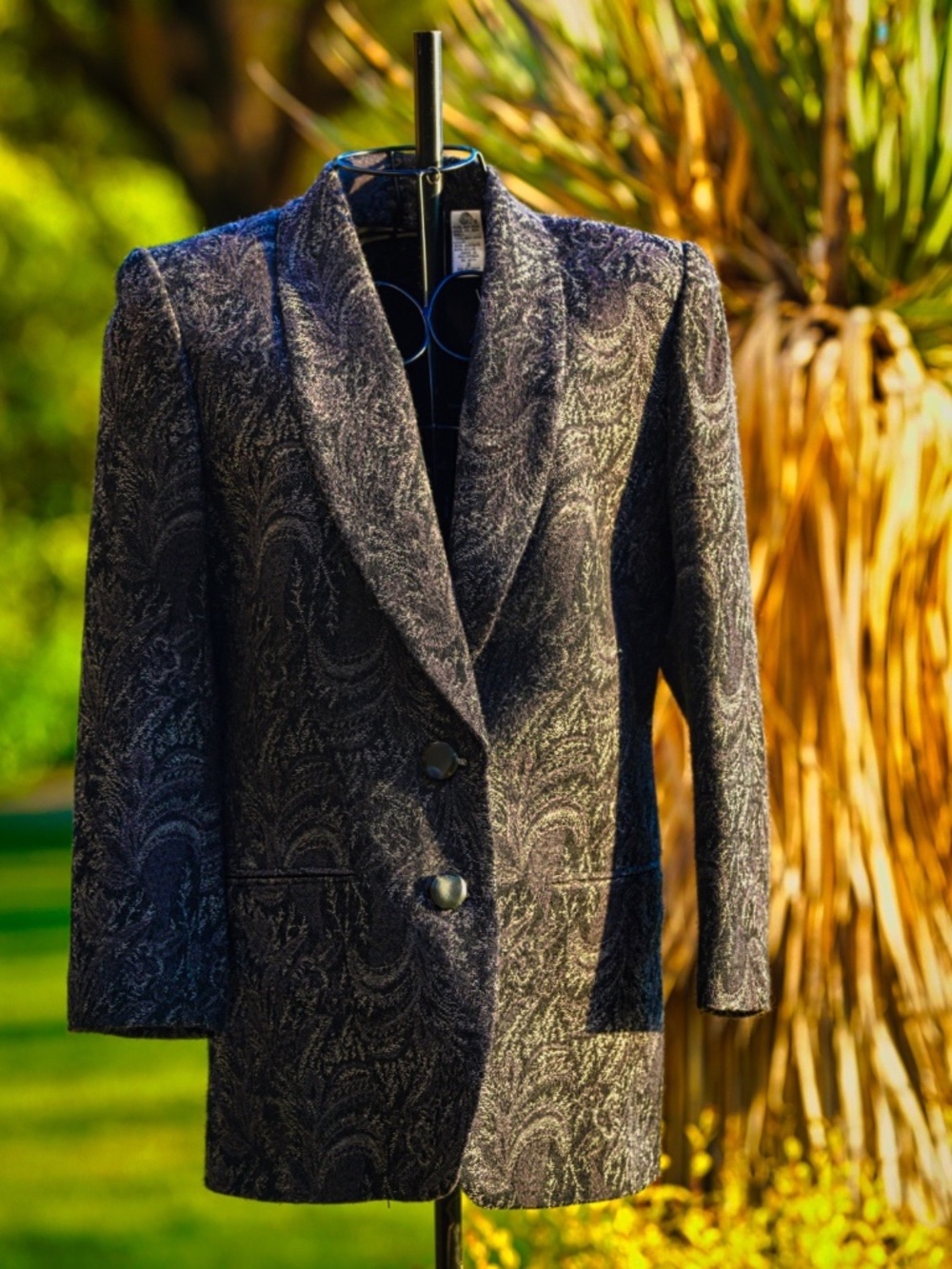 Valerie Stevens Petites Pure Wool Paisley Blazer - Dark Gray/Black - Size 2P